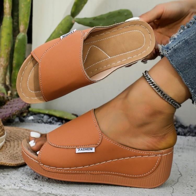 Large size platform casual slippers shoes new wide strip simple fish mouth wedge slippers