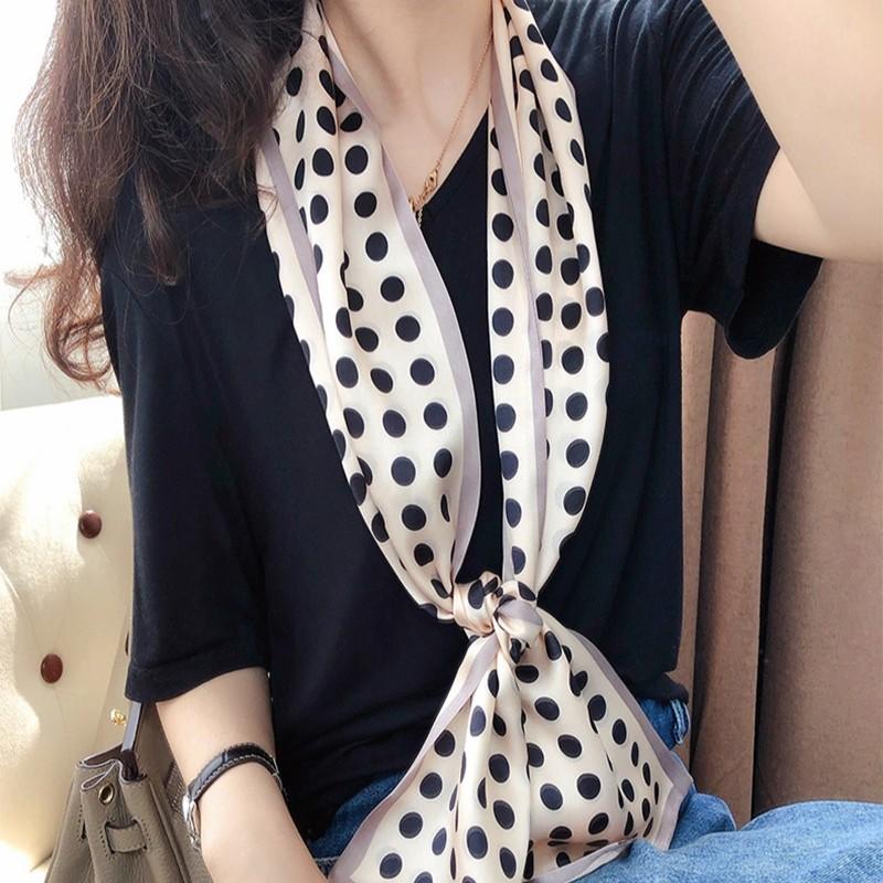 Beige Silk Silk Scarf, Streamer, Foreign Style Spring And Summer Mulberry Silk, Small Long Polka Dot, Small Scarf, Headband.