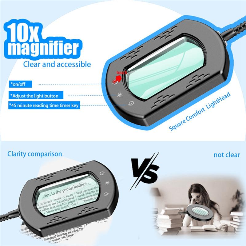 A95I-LED Lighted Desk Lamp, 10X Rectangle Magnifier Glass With Light And Stand, Flexible Gooseneck Design In 5 Color Modes