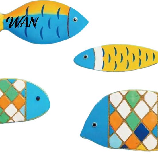 Beach Themed Wall Decor 4 Pcs Wooden Fish Nautical Rustic Coastal Ocean House Art Vintage Lake Hanging Sculpture for Bedroom Living Room
