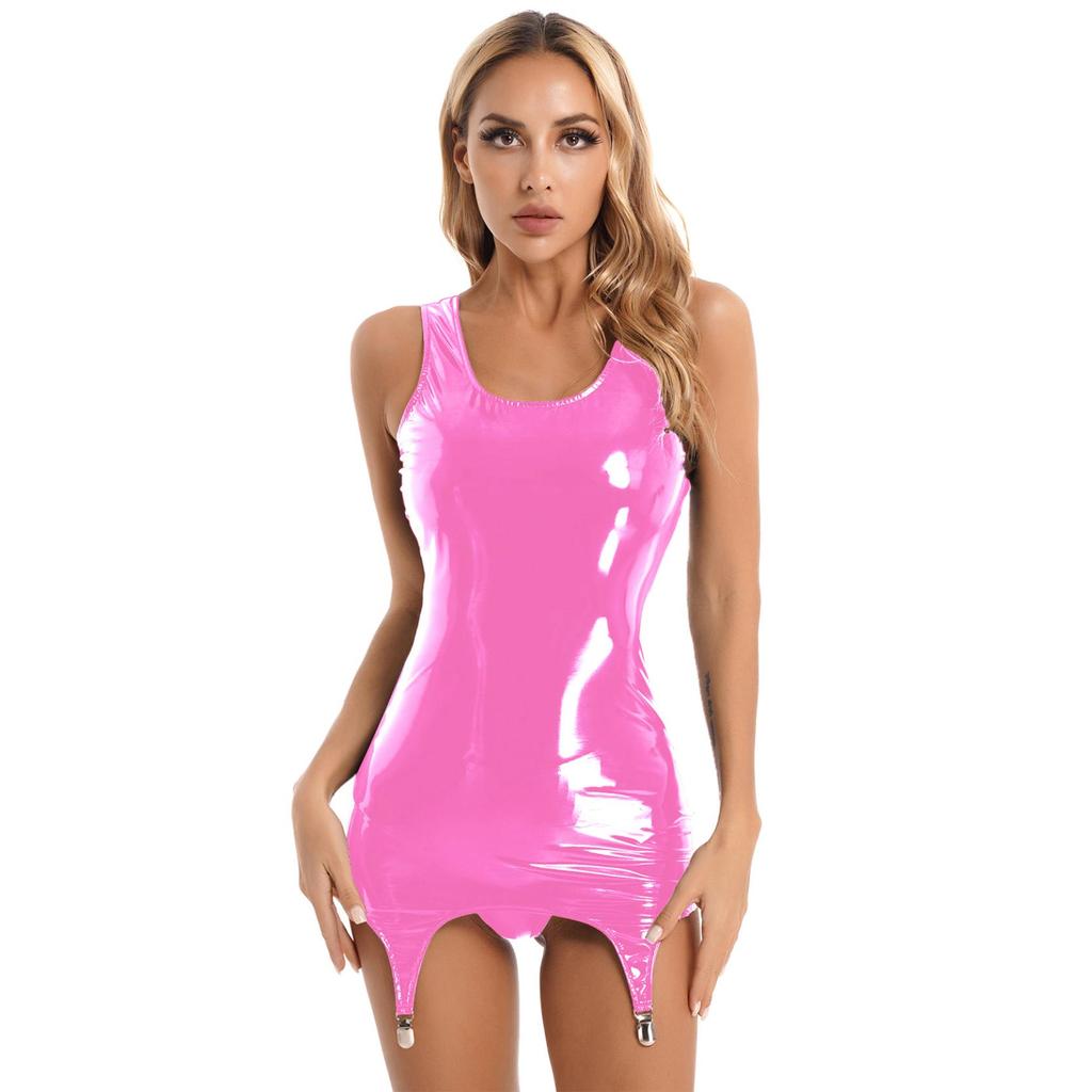 Dress with Garter Belt Women Sleeveless Patent Leather Mini Dress Bodycon Pencil Clubwear
