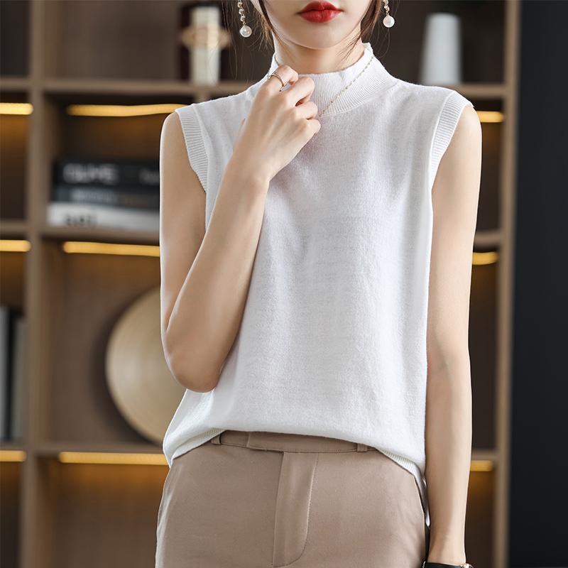 Women's Ice Silk T-shirt Spring Summer Korean Style Sleeveless Lining Top Half High Neck Slim Fit Knit Vest Top