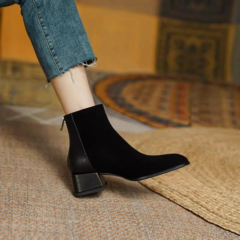 Short boots autumn and winter new square head thin boots thick heel back zipper fashion boots literary and retro boots