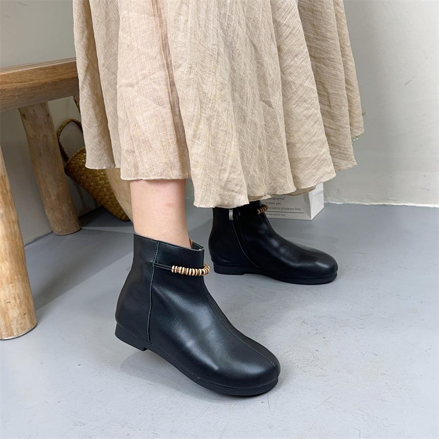 Johnature Retro Short Boots With Side Zipper Genuine Leather Soft Sole Comfortable Women's Shoes