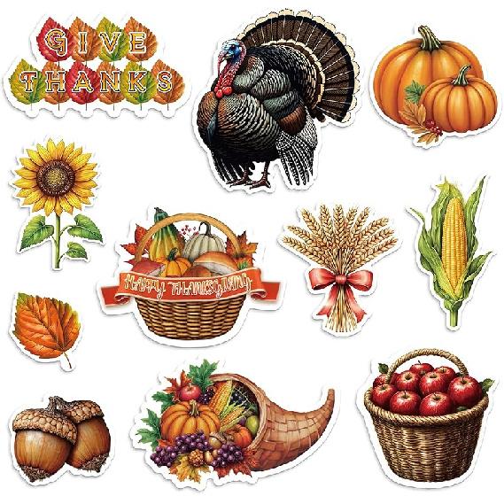 60 Pcs Thanksgiving Cutouts Fall Bulletin Board Decoration Turkey Leaves Pumpk Acorn Cutout for Thanksgiving Fall Harvest School Office Classroom