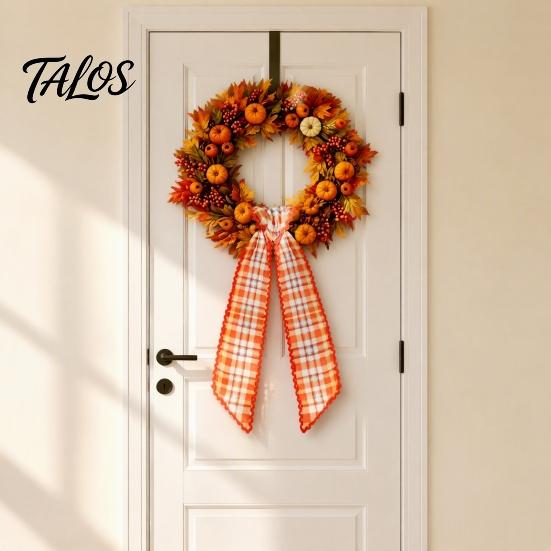 Decorative Door Bow Fall Scalloped Wreath Sash for Front Door, 55 Inch Plaid Gingham Autumn Ribbon Thanksgiving Harvest Yard Porch Doorway Indoor