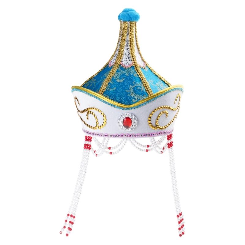 

Handcrafts Mongolian Styles Costume Hat With Embroidery Design Ethnic Headpiece For Theatrical Stage Performances синій