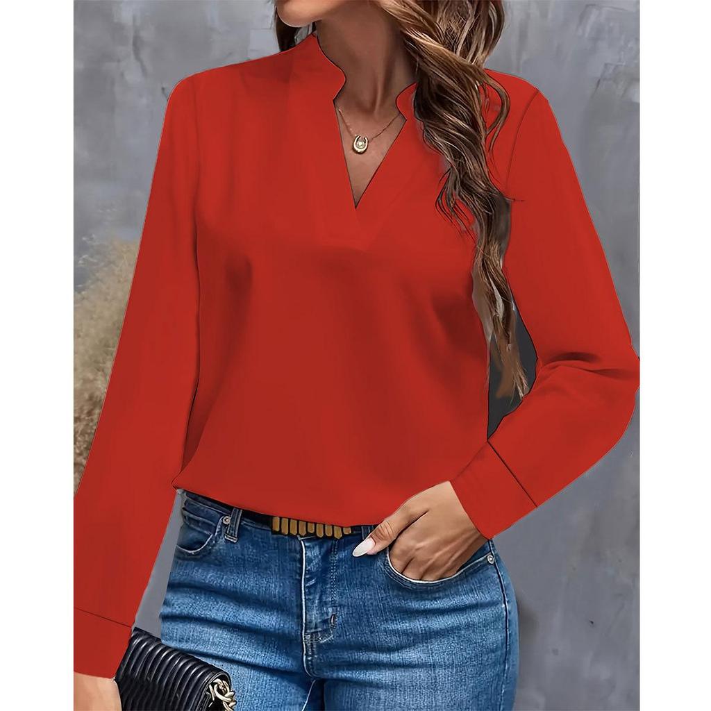 Women's Fashion Casual Spring Fall Solid Color Print Long Sleeve V-Neck Blouses & Shirts