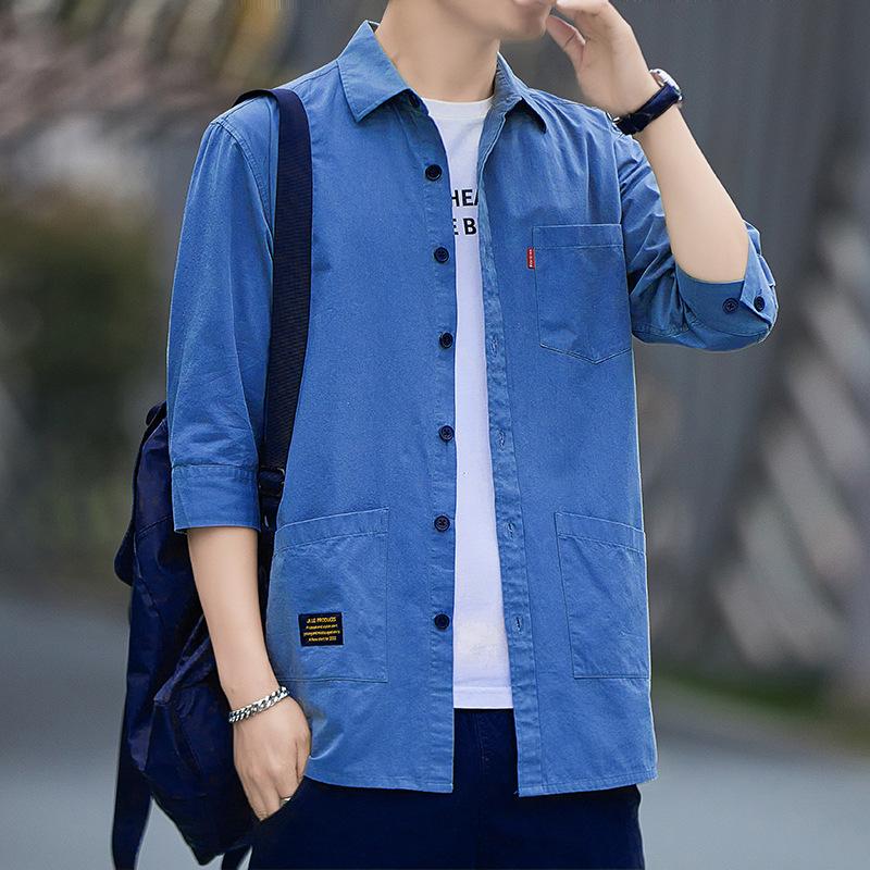 Pure Cotton 7-point Sleeve Shirt for Men Versatile Jacket Summer Trendy Versatile Casual Solid Color Men's Clothes Shirt for Men