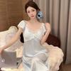 1011 Summer New Sweet Ice Silk Nightdress Women's Sexy Pajamas with Chest Pads Thin Long Court Style Loungewear