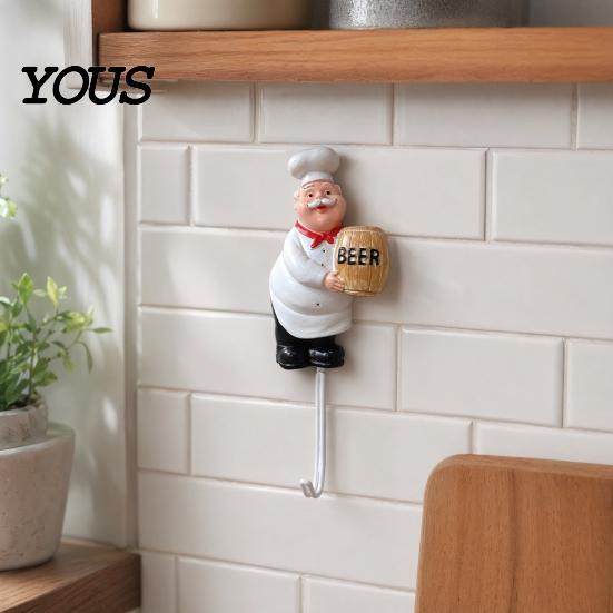 Kitchen Wall Hook Cute Chef Shape Hook, Strong Resin No Punch Bearing Capacity Adhesive Backing Decorative for Home Hang Utensils Dishcloths