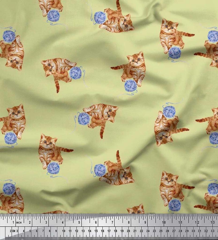 Soimoi Japan Crepe Satin Fabric Wool & Cat Animal Print Fabric by the Metre 42 Inch