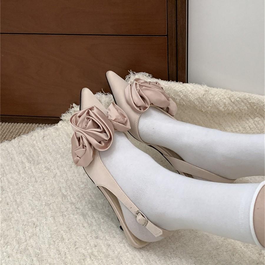 Pointed French Flower Black Baotou Sandals Fairy Shoes Evening Celebrity Single Shoes