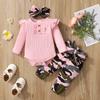 Conjunto de Roupas para Bebê Menina de 0-18 Meses Macacão Manga Longa para Bebê Menina + Calça Camuflada + Faixa de Cabelo Traje de Algodão