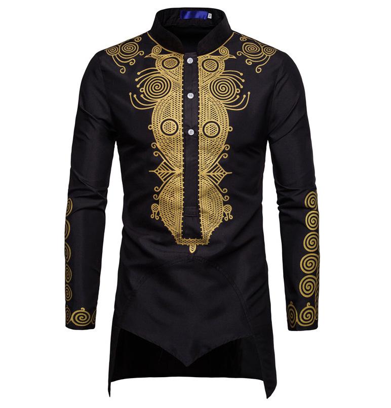 Men's Gold Foil Print Long Sleeve Middle Eastern Style Shirt (European Size, 2023)