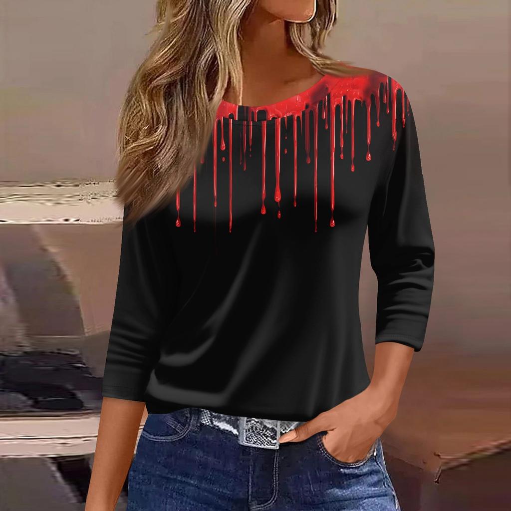 Dame Mote Casual Trekvartsermet Halloween Trykket Rund Hals Topp