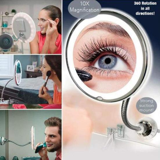 LED Lighted Folding Mirror with Suction Cup 10X 360 Degrees Rotatable Goose Neck Vanity Mirror Portable Cosmetic Mirror with Lamp