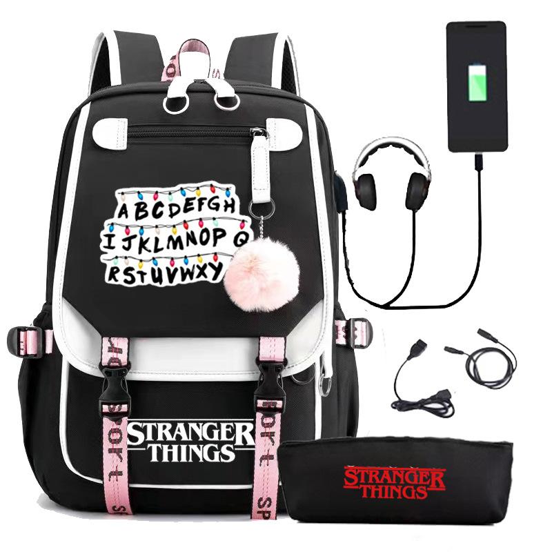 Zaino Stranger Things Stranger con Ricarica USB Borsa Scolastica per Studente di Scuola Media Astuccio Set da Due Pezzi