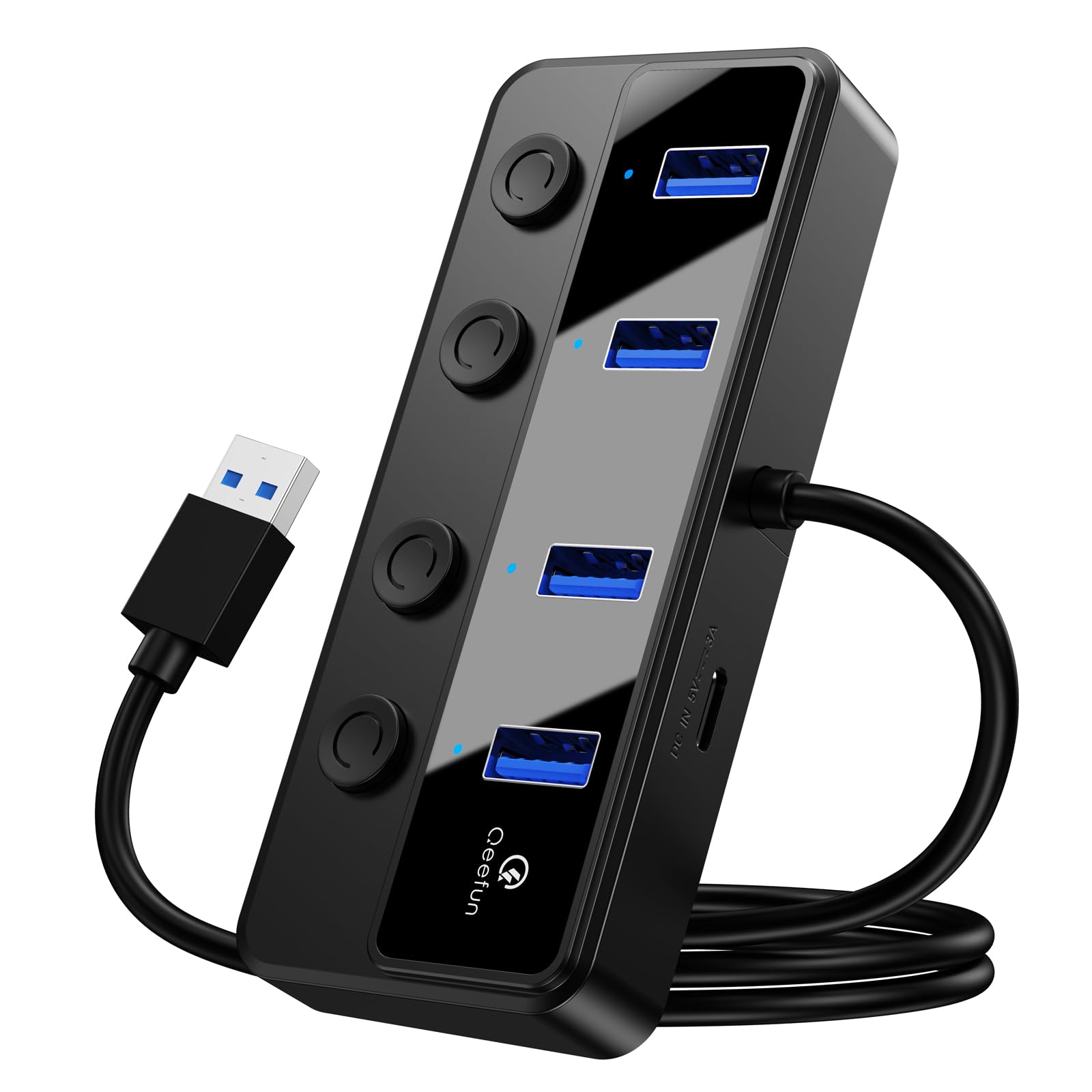 

QEEFUN USB Hub with 5Gbps Charging Power Supply 60cm Cable USB Independent LED Compatible with and Ideal for Remote and Working from Home 3.0 чёрный