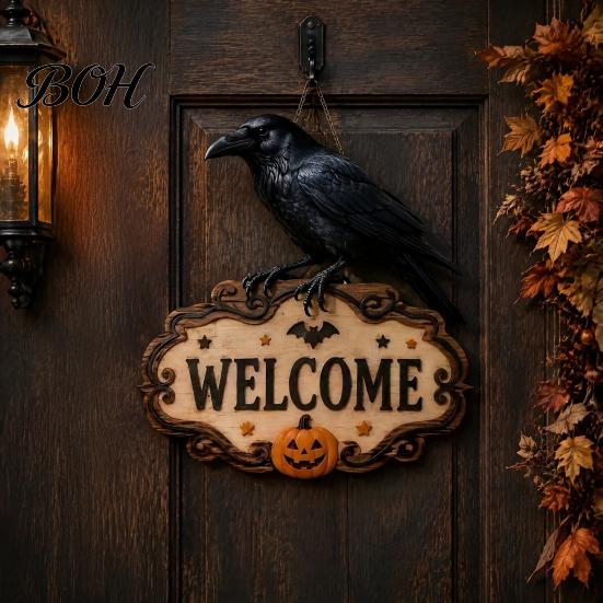 Creative Gift for Friends Halloween Wooden Welcome Sign, Spooky Skull Frog Crow Witch Door Hanger, Realistic Skeleton Sign 2D Wall Hanging Home Party