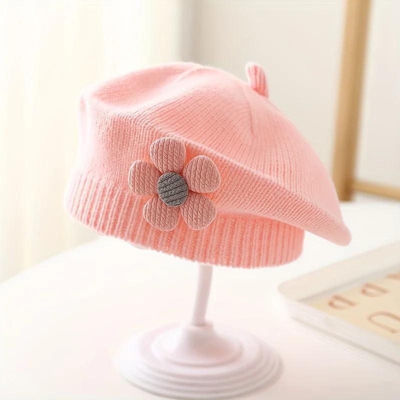 1pc Stretchy Knitted Beret Hat for 0-2 Years - Soft Warm Winter Hat with Floral Embellishment, Foldable Christmas Holiday Outfit