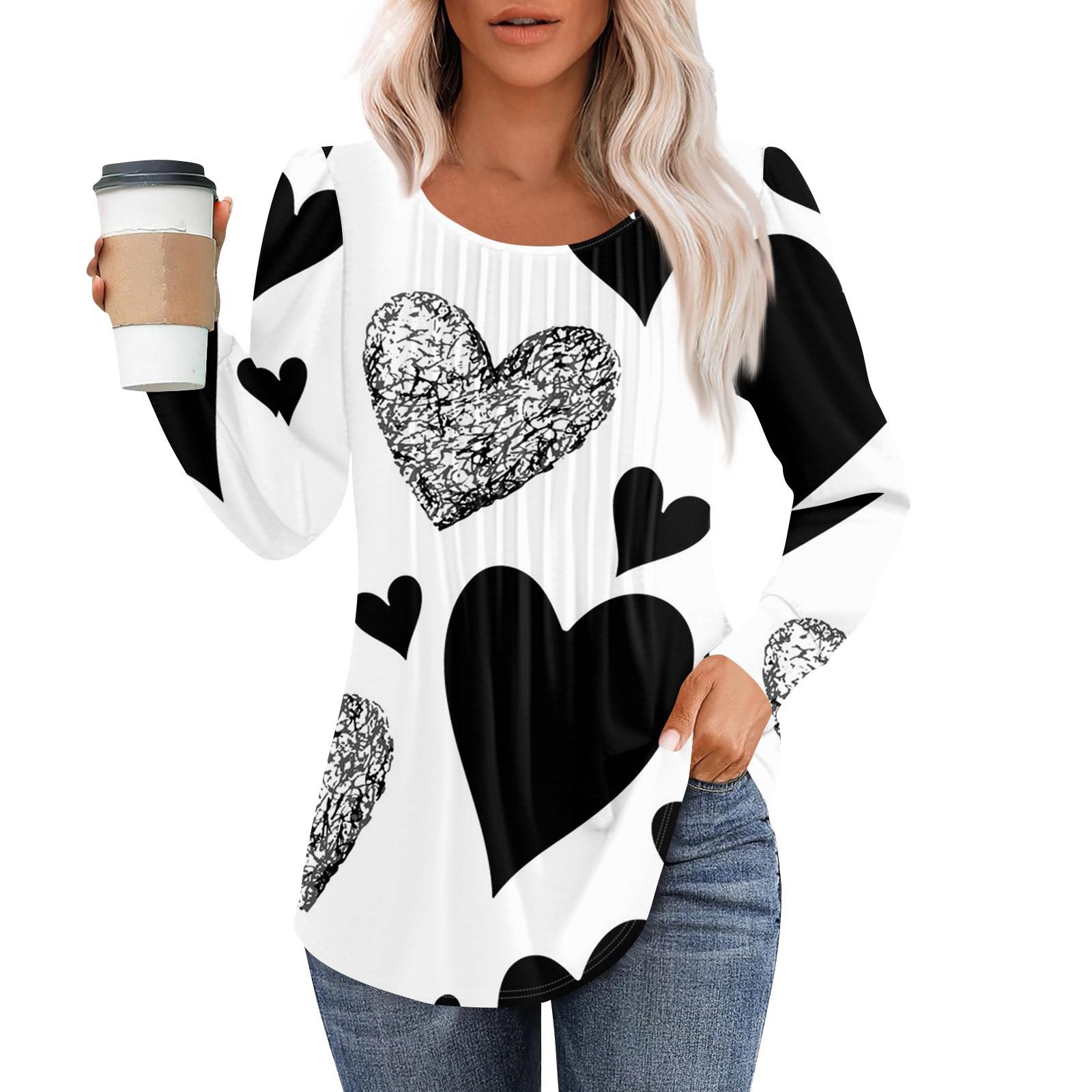 

Женская модная повседневная плиссированная футболка с круглым вырезом и принтом в виде сердца ко Дню святого Валентина с длинными рукавами XXL белый