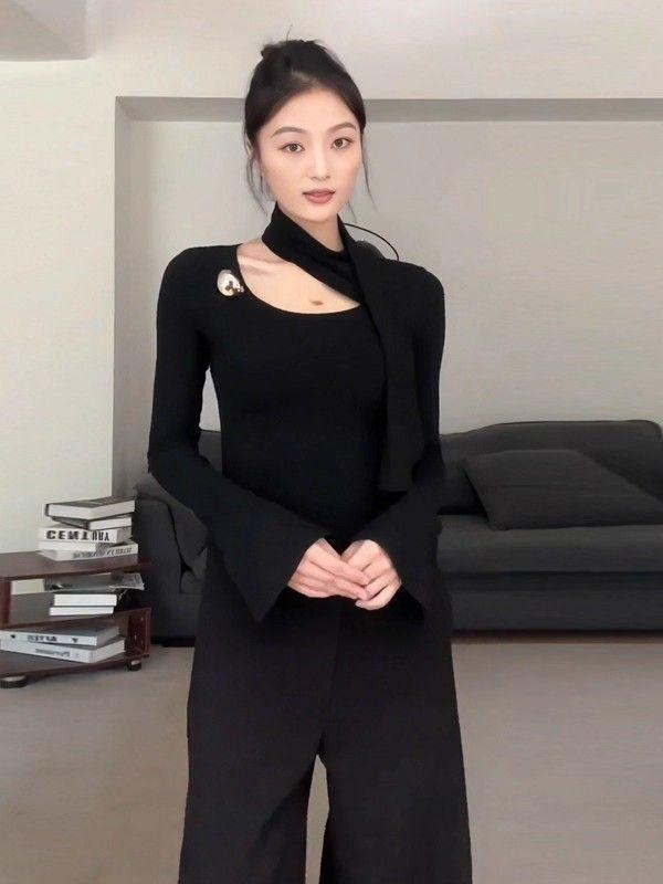 

Chic One-Shoulder Sash Long-Sleeve Slim-Fit T-Shirt for Women - Autumn Fashion Large чёрный