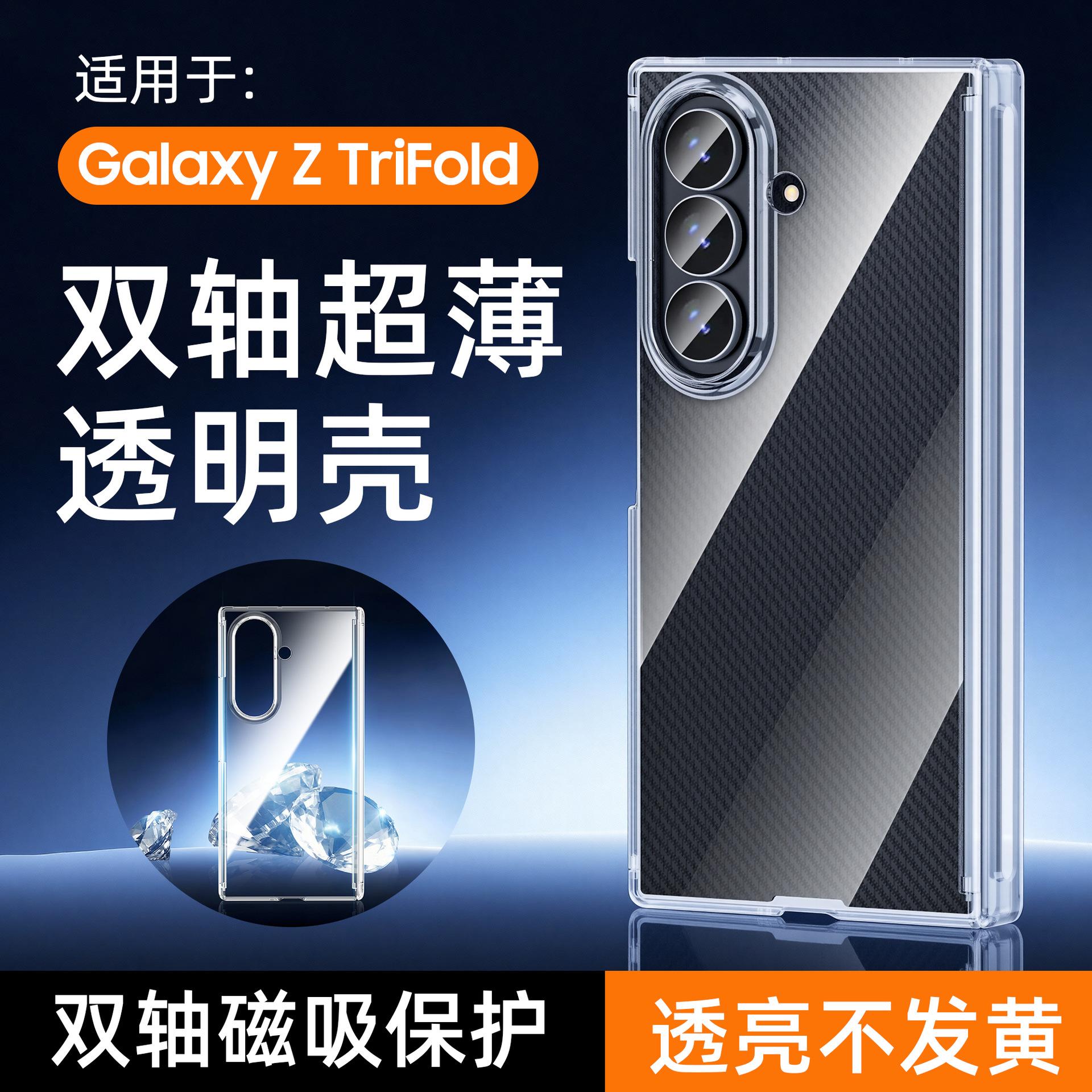 Suitable for cross-border Samsung Galaxy ZTriFold mobile phone case, double central axis magnetic hinge, transparent triple folding protection Samsung ztrifold