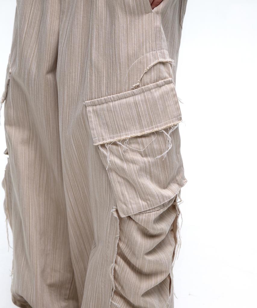 Aleseuseussi Wrinkle Mixed Stripe Cargo Pants - Beige