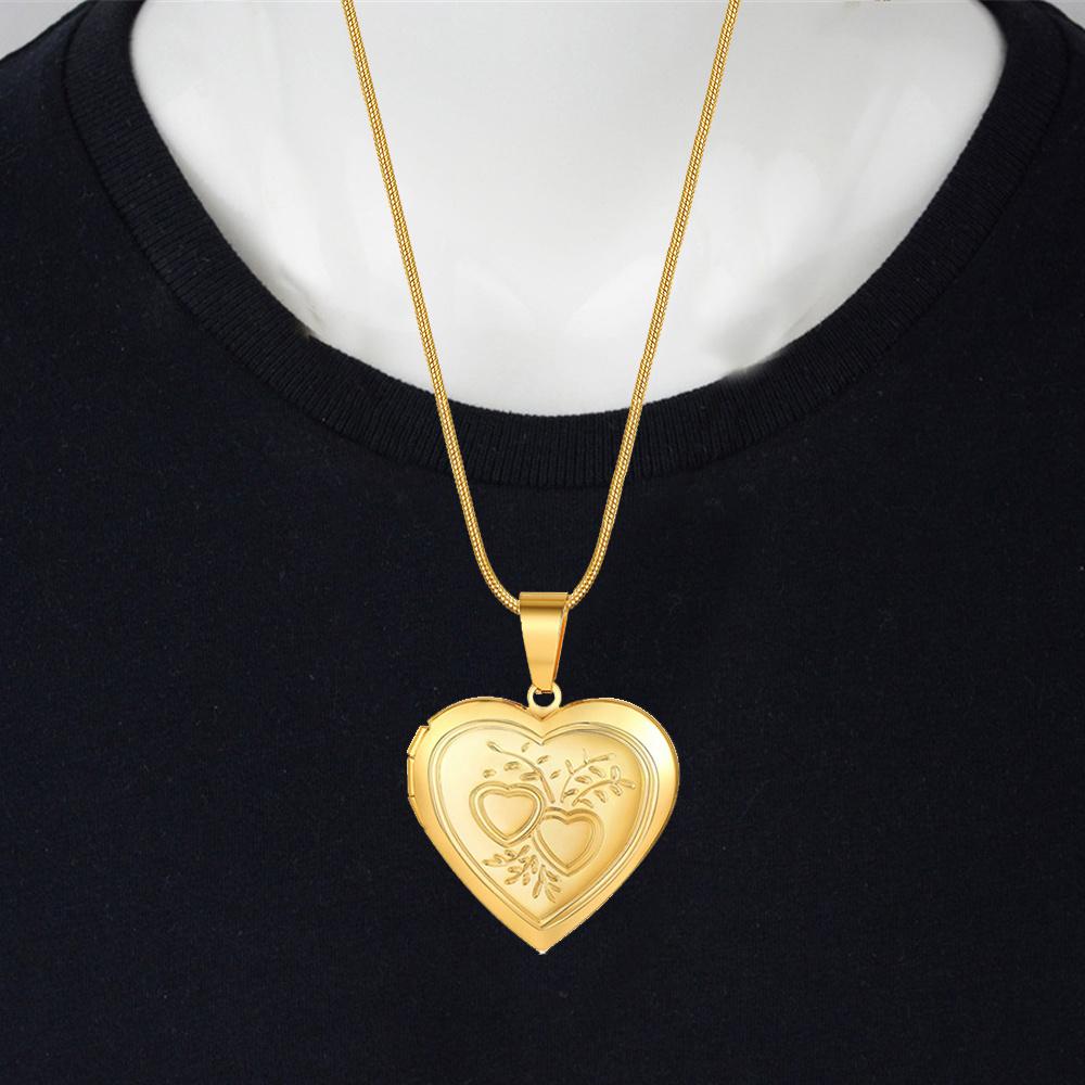 Romantic Heart Locket Photo Frame Pendant Gold Color Stainless Steel Snake Bone Chain Memorial Necklace For Women Jewelry Gift