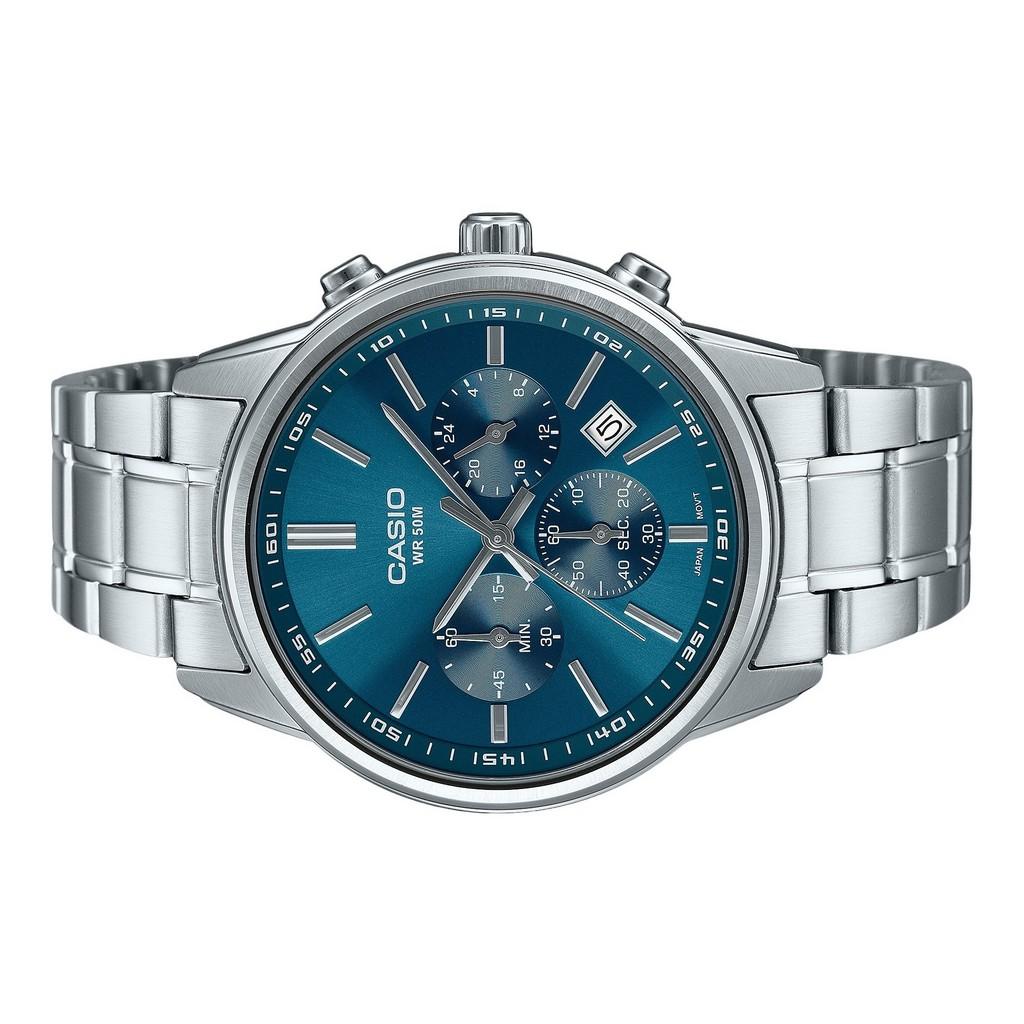 Casio Standard Analog Chronograph Edelstahl Blaues Zifferblatt Quarz MTP-E515D-2A1V Herrenuhr