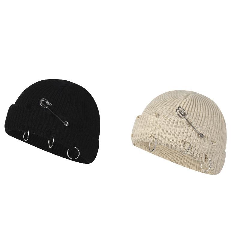 Women Girls Y2k Gothic Beanie Winter Knit Hats Trendy Metal Rings Pin Hip Hop Streetwear Harajuku Skull Cap Emo Scene Grunge