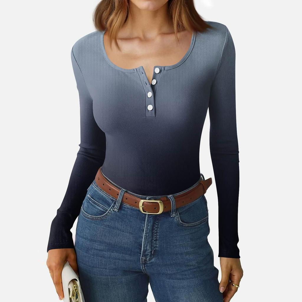 Dámské tričko s úzkým spodním lemem Módní ležérní s gradientním potiskem Kulatý výstřih Pulovr Dlouhý rukáv Top