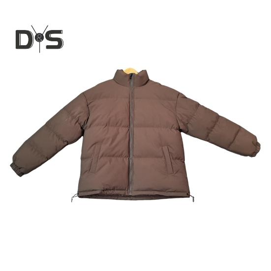 Women Men Cotton Coat Stand Collar Long Sleeve Drawstring Hem Puffer Jacket with Pockets Loose Fit Warm Winter Outerwear