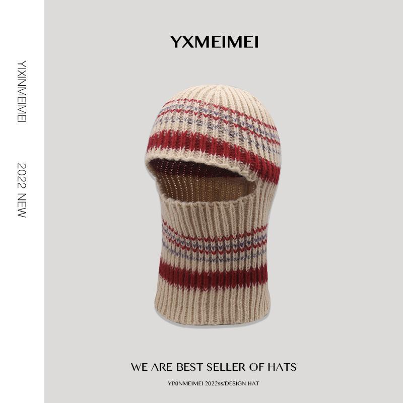 Retro Niche Balaclava Ins Women's Autumn and Winter Striped Knitted Hat Warm Ear Protection Hat and Scarf Integrated