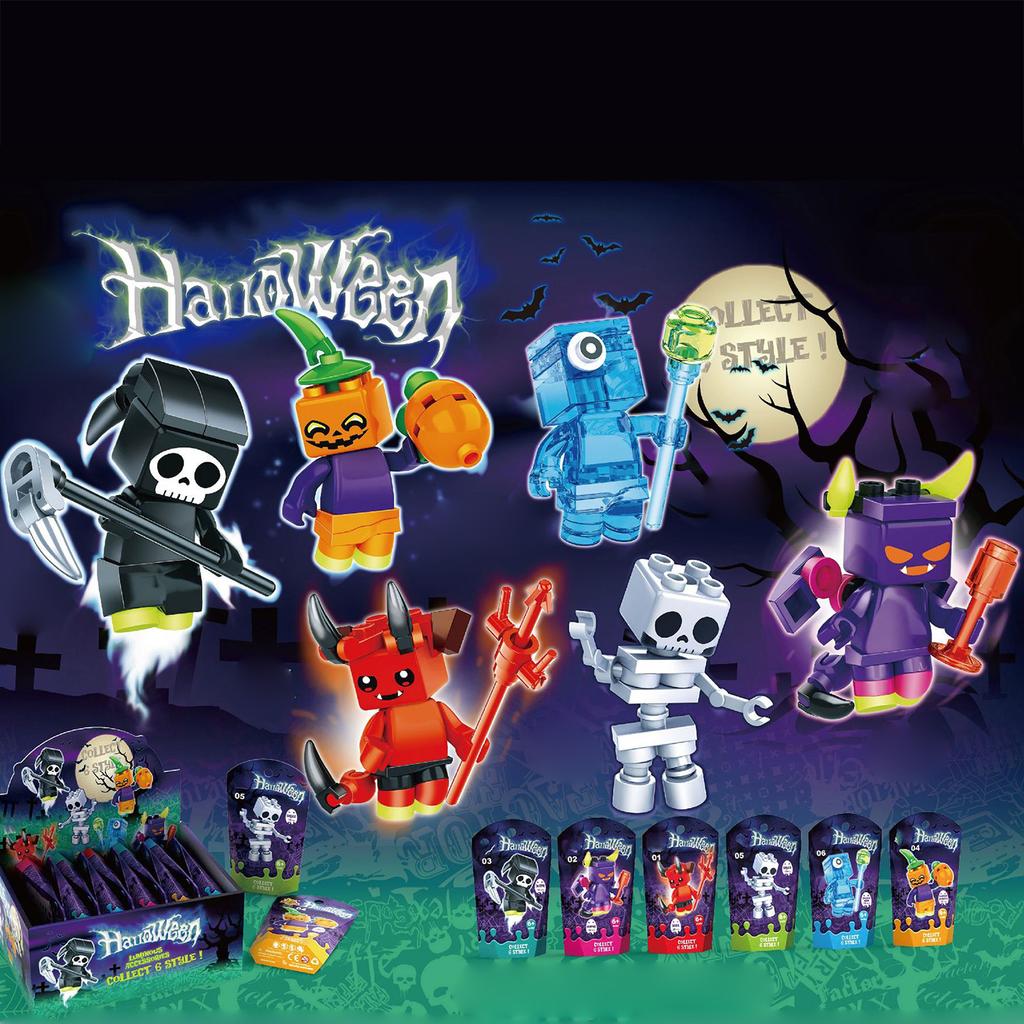 Halloween Small Particle Building Blocks Cross Border Pumpkin Lantern Elf Skeleton Boy Toy Children'S Gift Night Light