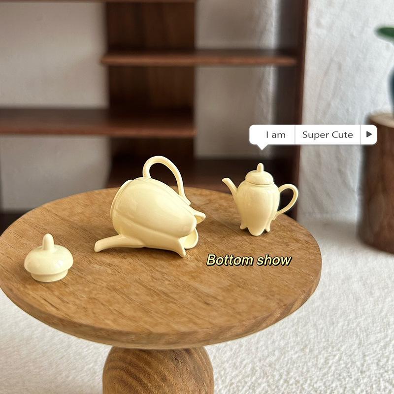 Mini Ceramic Petal Teapot Set Aesthetic Dollhouse Accessories Miniature Tea Party Props Desktop Ornament for Bedroom Shelf Decor