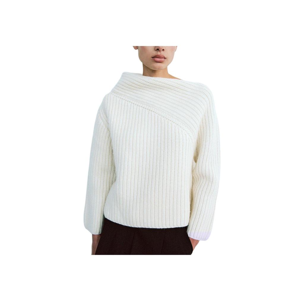Zara Asymmetrical Neckline Solid Color Ribbed Knit Sweater Women Sweater Beige 4192122-712