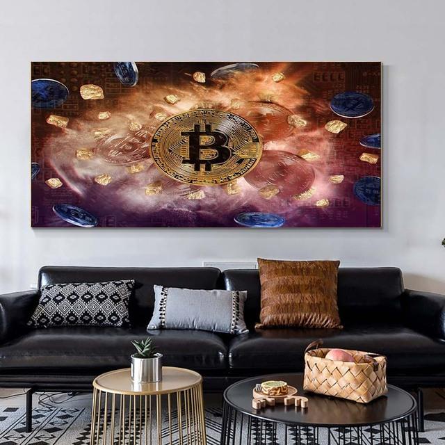 Dipinto su Tela Bitcoin in Fiamme Vintage Poster e Stampe in Dollari Nordici Immagini di Arte Murale per Decorazione Soggiorno Senza Cornice