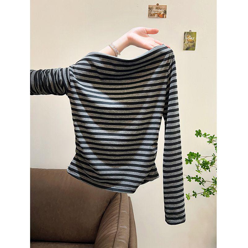 Women's Striped One-Shoulder Long-Sleeve Top - 2025 Spring/Autumn Slim Fit Korean Style