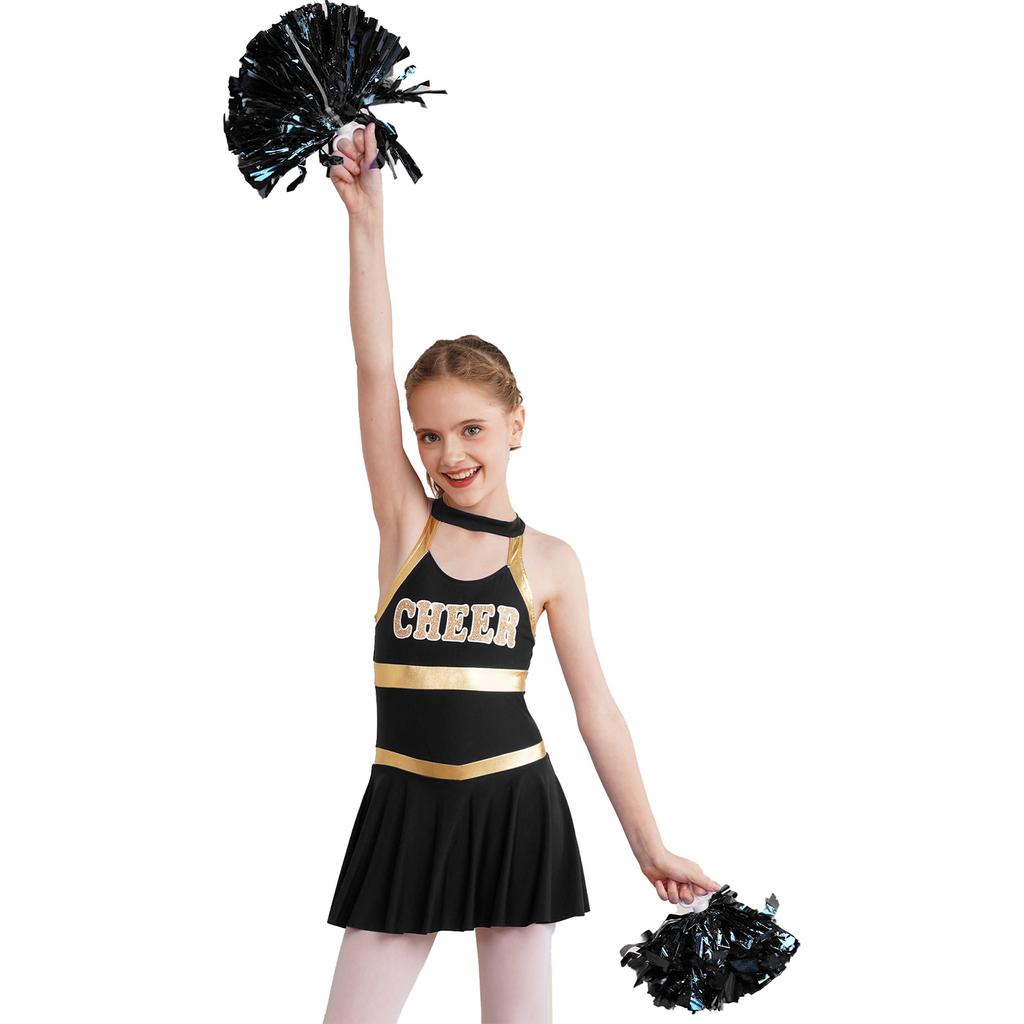 Girls Sleeveless Letters Printed Patchwork Hollow Back Dress Tassel Flower Balls Pair Cheerleading Dance Costume
