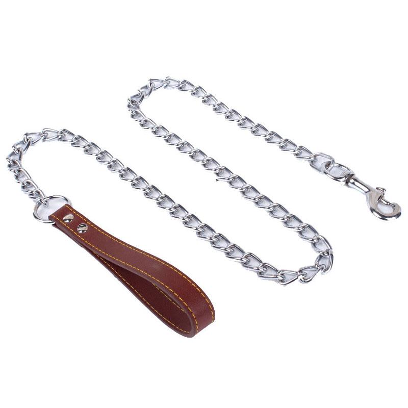 Chain Leash for Large Dogs Metal Chain Leash Chew Proof Heavy Duty Stainless Steel Dog Leash Chain with Leather Padded Handle