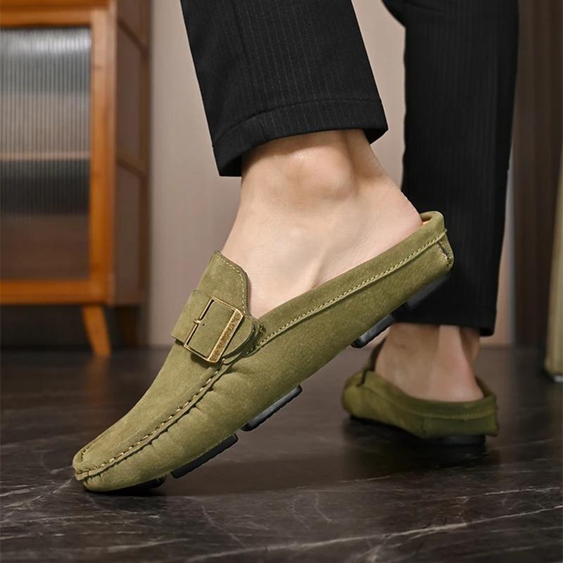 2025 Men's Slippers Leather Casual Shoes Summer Flat Bottom Outdoor Non Slip Comfortable Luxury Trendy Set Wearing Half Slippers