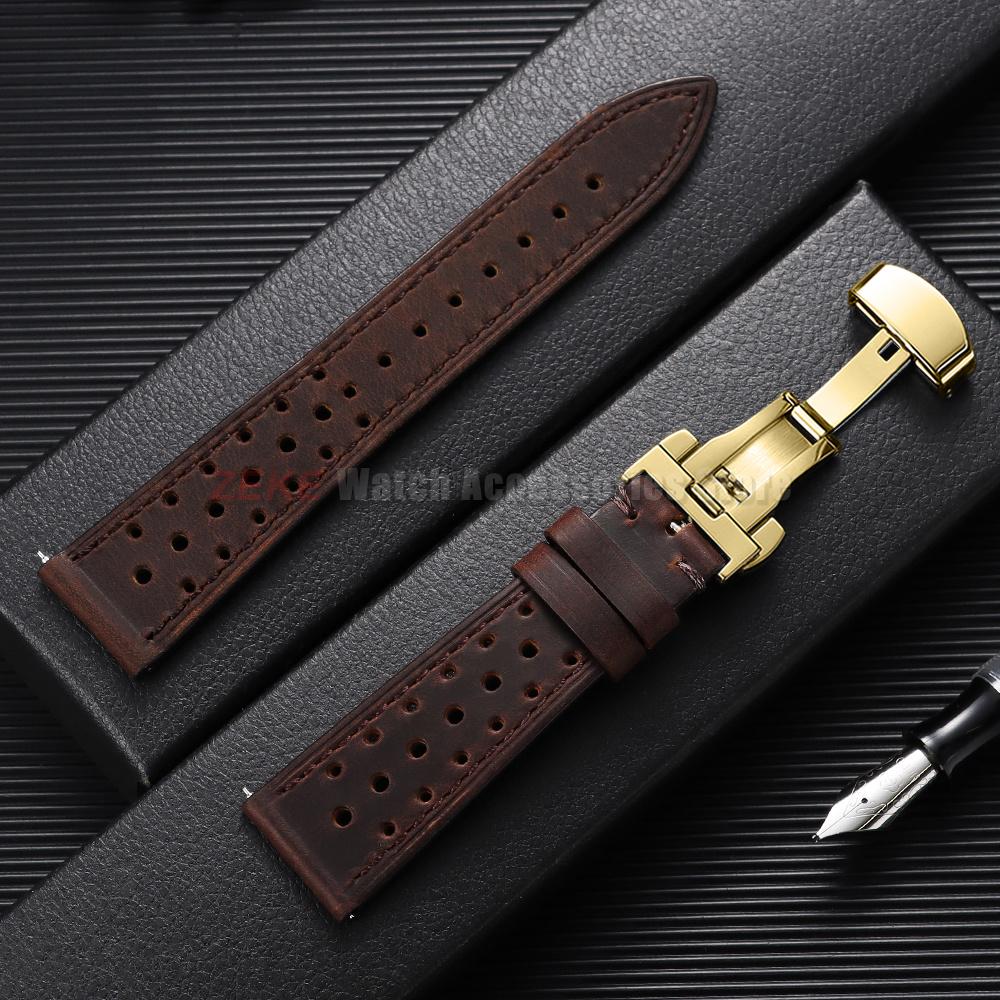 Quick Release Vintage Leather Watch Strap Stitching Cowhide Band for Omega 18/19/20/21/22/24mm Deployment Clasp Wrist Bracelet