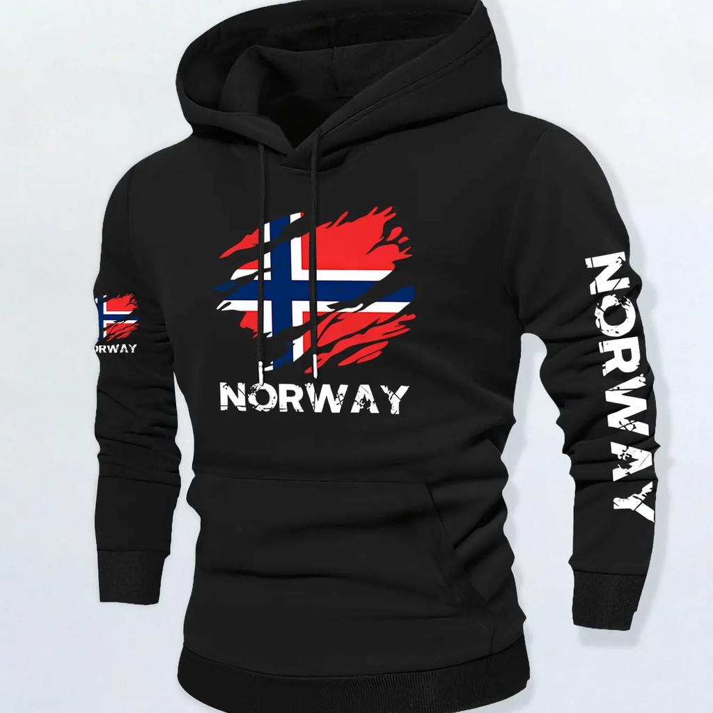 Męska bluza z kapturem w stylu vintage Street, ręcznie rysowana, postrzępiona flaga Norwegii, nadruk z literami, miękki polar, oversize, patriotyczna bluza