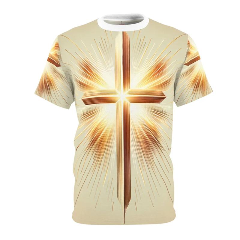 Golden Cross Print Jesus T Shirts For Men Easter Festival Street Short Sleeve T-shirt Cool 3d Effect Best Gift Fashion Tee Top