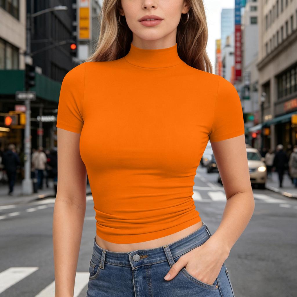 Dames T-shirt met korte mouwen, slank gesneden, met opstaande kraag, rekbaar, lichtgewicht, ademend, basic top voor dagelijks gebruik
