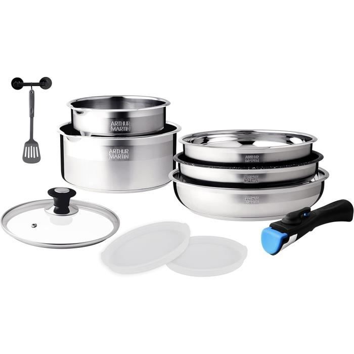 

Arthur Martin AM0025 Batterie de cuisine amovible 10 pièces Acier Inoxydable Casserole avec bec verseur Poignée amovible tous fe11