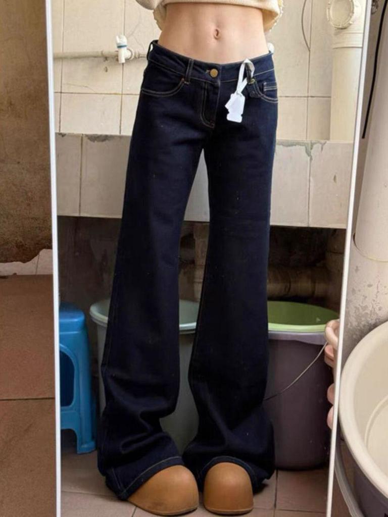 Women's Petite Dark Blue Micro-Flare Low Waist Floor-Length Jeans - Spring Fashion Versatile Style