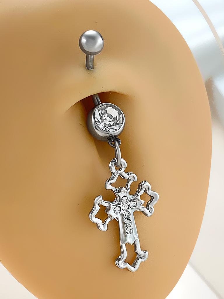 CZ Cross & Heart Belly Button Ring Set, Gold & Silver Tone Dangling Navel Piercing Jewelry